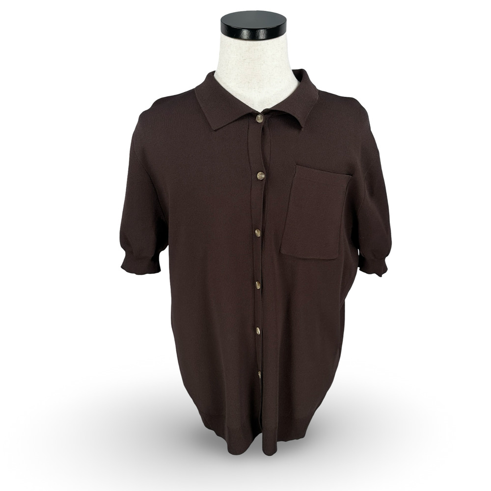 Legoe Heritage Chateau Crepe Knit Shirt Women’s 1 Chocolate Brown‎ Button New